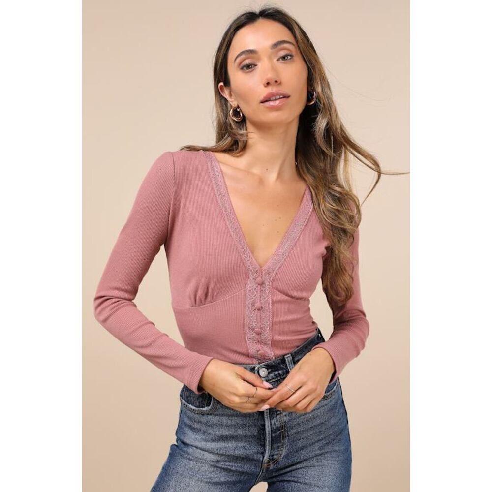 NWT Lulus Perfectly Cherished Mauve Knit Lace Long Sleeve Button-front Top Pink